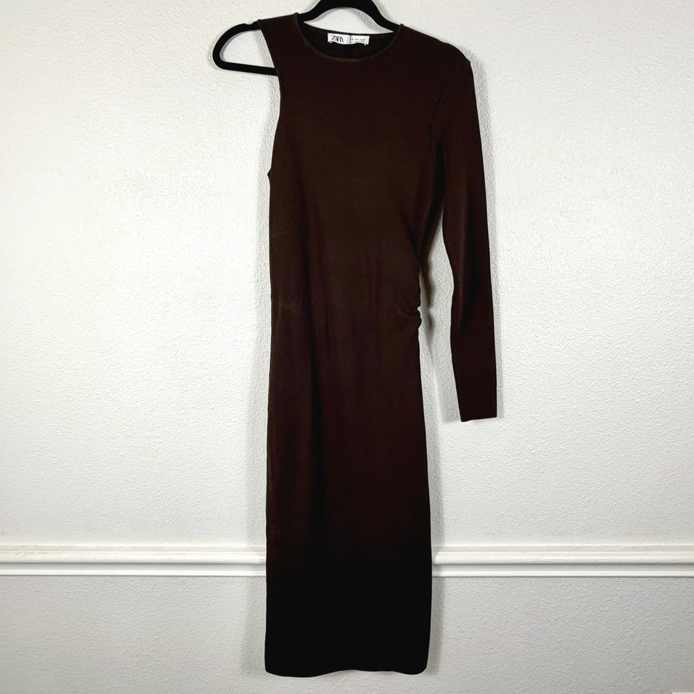 Zara Midi Dress One Shoulder Asymmetrical Ribbed Knit Brown Womens Size M